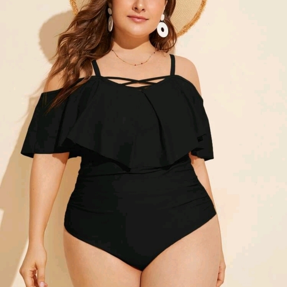 One Piece Black Swim Suit Off the Shoulder - Picture 1 of 11